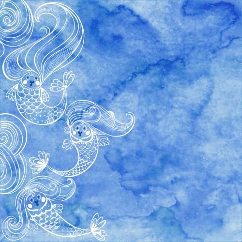 Mermaid. Vector cartoon mermaids, waves, text area on blue watercolor