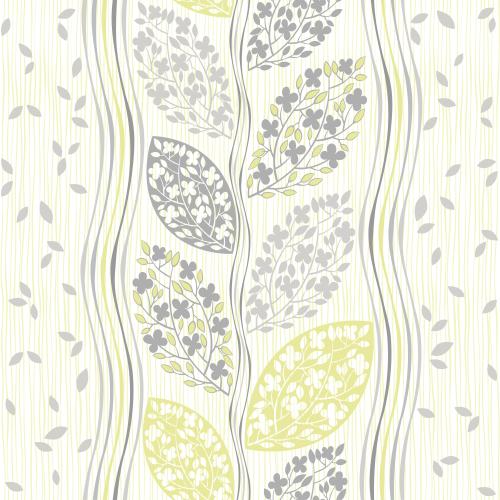 Vector image leaves, blooming branches, wavy and straight stripes, gray and green colors