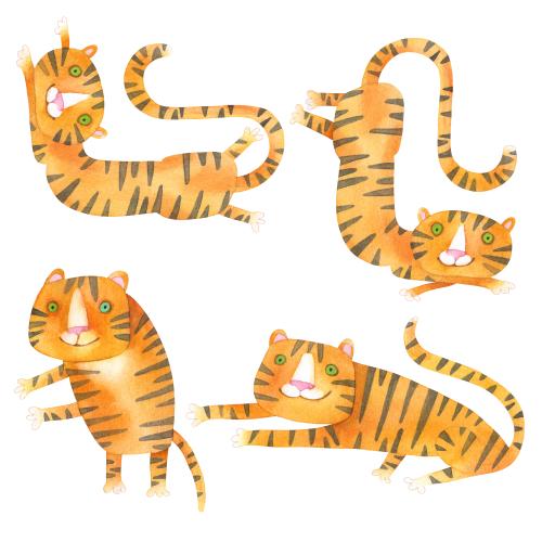 Raster image four watercolor cartoon tiger cubs on white
