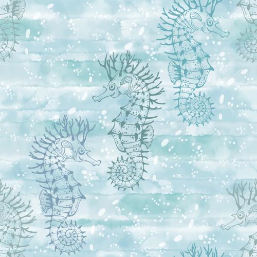 Vector image cute seahorses, colorful outlines and white decorative patterns on a blue watercolor