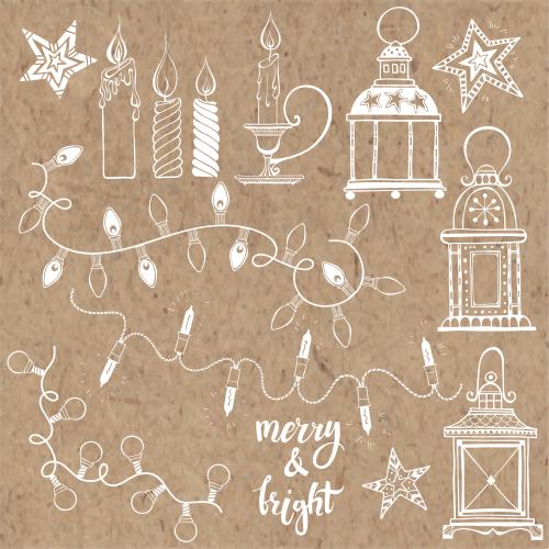 Lantern. Vector strings lanterns candles stars and a message merry and bright on craft