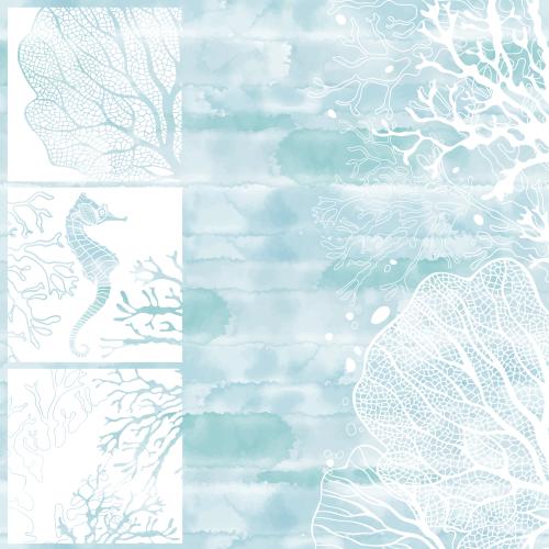 Illustration corals, algae, decorative squares with a seahorse and underwater plants, space for text on watercolor