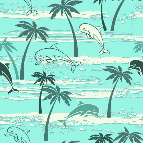 Ocean. Vector dolphins palm trees waves on turquoise