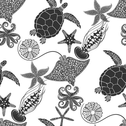 Black-white. Vector turtles, rays, jellyfish, sea stars, octopuses, sea urchins, black silhouettes on white