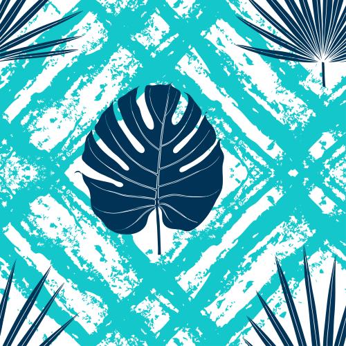 Monstera. Vector palm leaves and monstera turquoise textured intersecting stripes on white