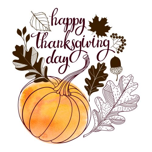Vector image pumpkin orange watercolor fragment leaves acorn and text happy thanksgiving day on white