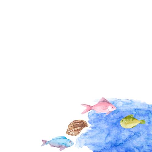 Raster image seashell fish on a blue watercolor fragment space for text on white