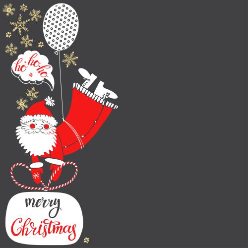 Illustration cartoonish father frost with a gift on a balloon, space for text on dark