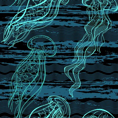 Jellyfish. Vector colorful jellies and waves on black