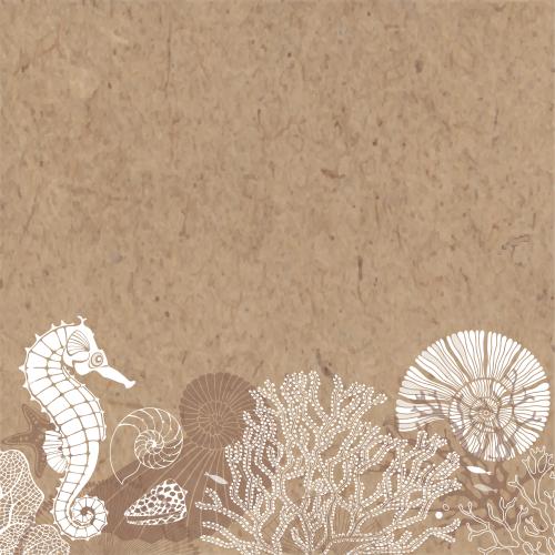 Nautilus. Vector sea horse, nautiluses, sea star, shell, fish, algae and corals, place for text on craft