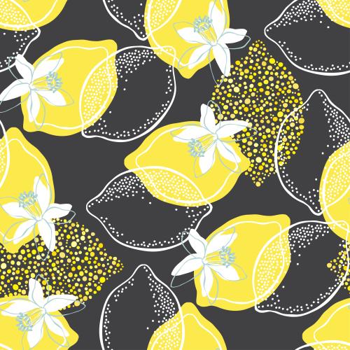 Lemon. Vector lemons, lemon flowers on black