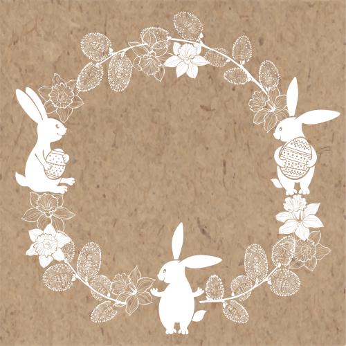 Rabbit. Vector round frame of willow branches and daffodils with easter rabbits on kraft