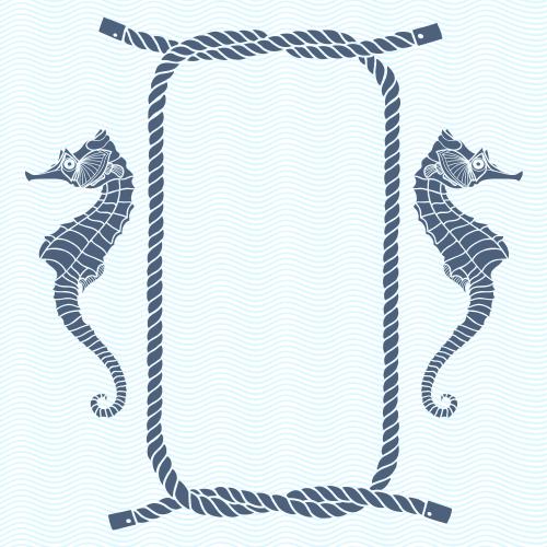 Rope. Vector rectangular frame made of sea rope with seahorses on blue waves