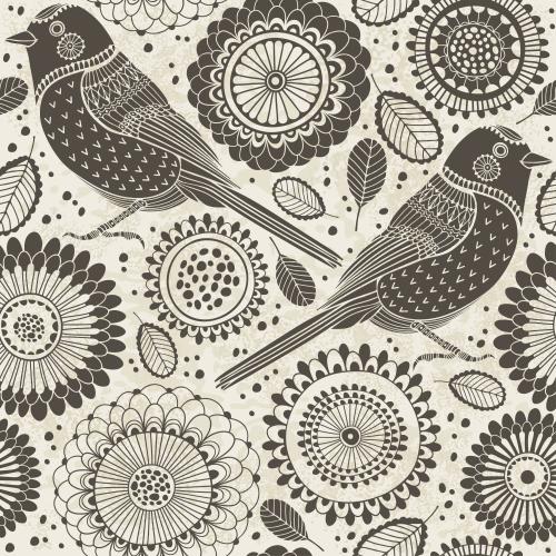 Bird. Vector silhouettes of little birds and fantasy flowers on a textured light