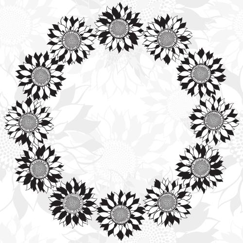 Sunflower. Vector sunflowers round frame on floral white