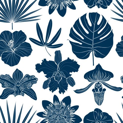Hibiscus. Vector orchids hibiscus passionflower palm leaves monsteras blue silhouettes on white