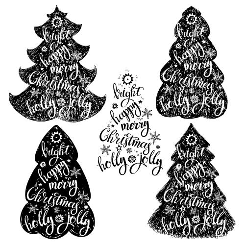 Star. Vector stylized holiday trees with text bright, happy, merry, christmas, holly, jolly on white