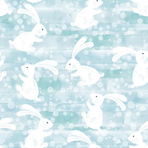 Rabbit. Vector Pattern cute white bunnies snow on blue watercolor