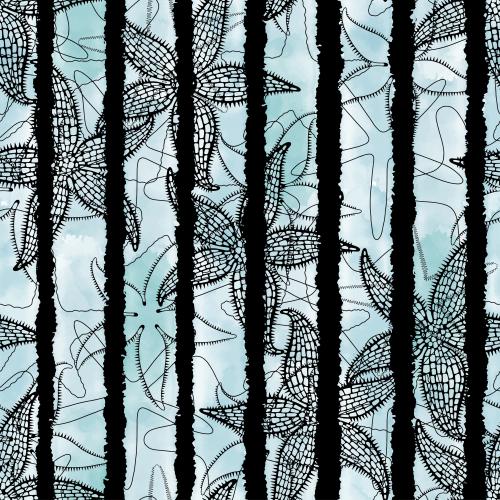 Vector image sea stars and blue watercolor stripes on black