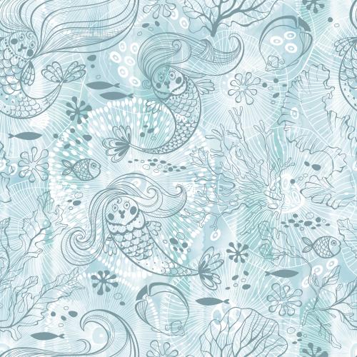 Mermaid. Vector cartoonish mermaids fish abstract marine creatures corals algae on blue watercolor