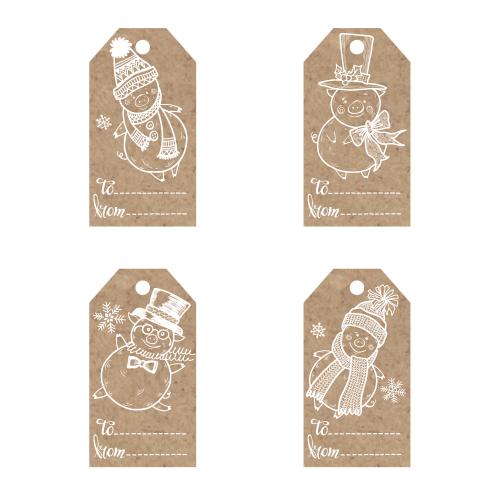 Item. Vector christmas-themed craft tags with cartoon pigs