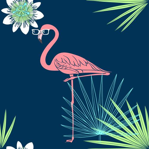 Vector image flamingo in sunglasses palm leaves passionflower on blue