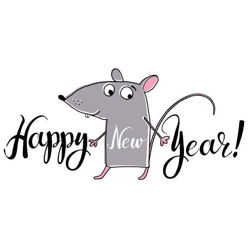 Mouse. Vector cartoon gray mouse happy new year text on white
