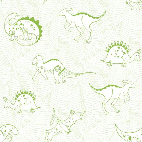 Animals. Vector cartoon dinosaurs and fern leaves, green outlines on white