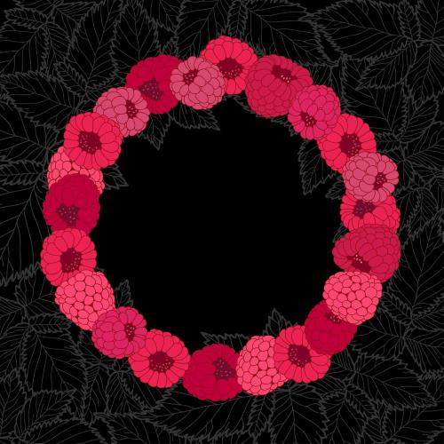 Vector image round frame from raspberry berries, leaves on black