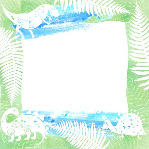Watercolor. Vector square frame with cartoon-style dinosaurs and fern leaves on watercolor