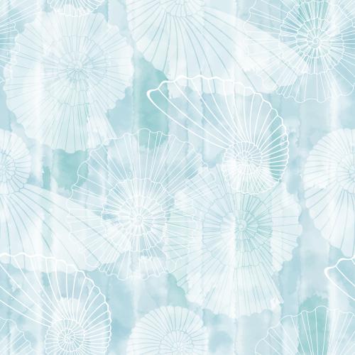 Illustration shells white outlines and silhouettes on a blue watercolor
