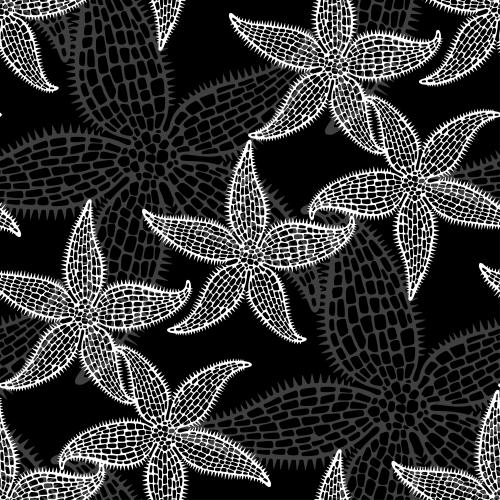 Illustration sea stars, white and gray outlines on black