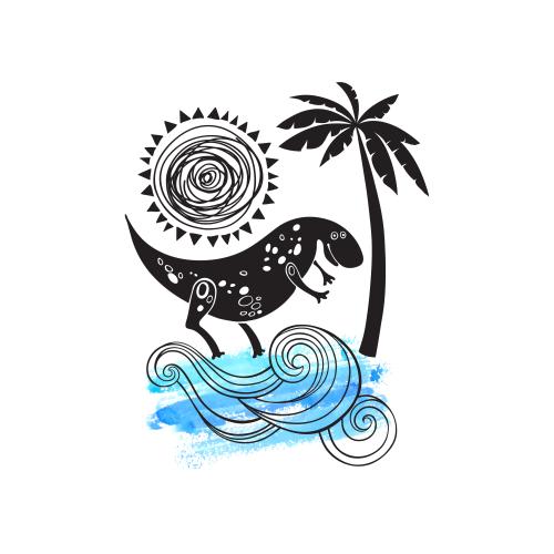 Sun. Vector composition with a cartoon dinosaur black silhouettes watercolor fragment on white
