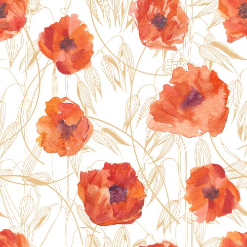 Raster image watercolor poppies, oat stalks on white