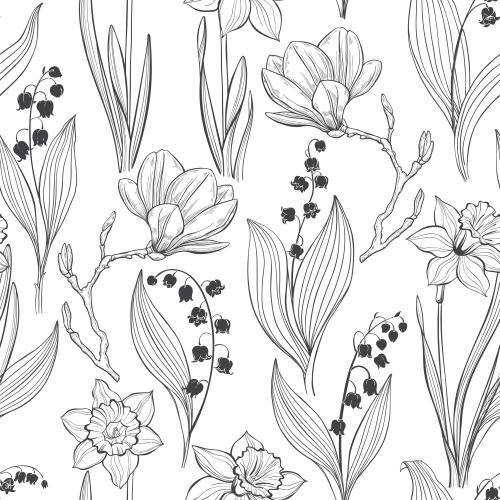 Illustration magnolias daffodils lilies on white