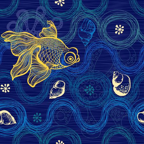 Shell. Vector fish, shells, marine creatures on waves