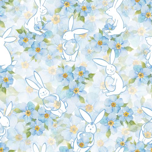Raster image rabbits with easter eggs on forget-me-nots