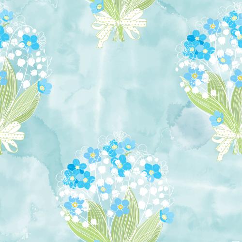 Vector image bouquets with lilies of the valley and forget-me-nots on blue watercolor