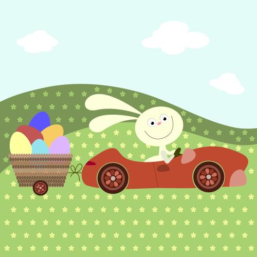 Egg. Vector happy cartoonish rabbit in a car with easter eggs in a trailer