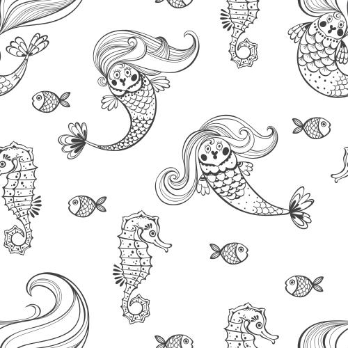 Fish. Vector mermaids seahorses fish on white