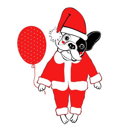 Balloon. Vector cute cartoonish french bulldog in santa claus costume and with a balloon on white