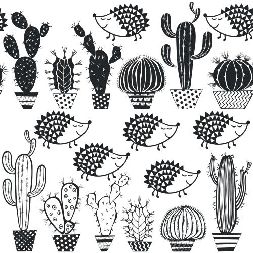 Cactus. Vector cute cartoon-style hedgehogs and cacti in pots, black silhouettes on white