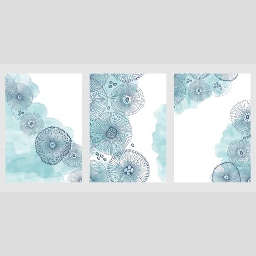 Illustration three marine theme postcards with abstract creatures and blue watercolor fragments