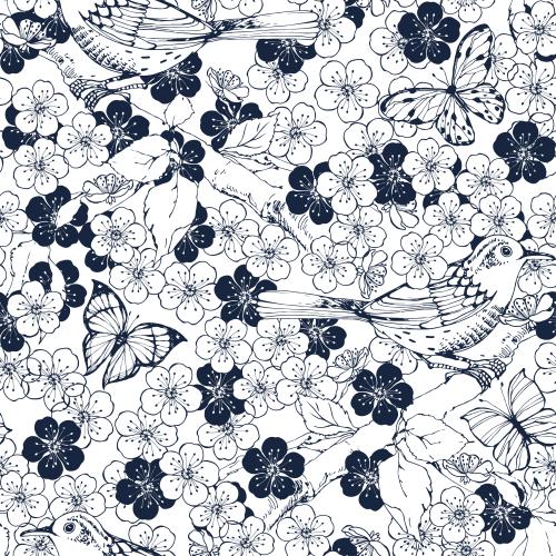 Tree. Vector birds butterflies and flowers on white