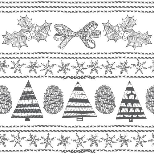 Cone. Vector Pattern fir trees, pine cones, snowflakes, sharp-leaf, bow, two-color holiday ribbon on white
