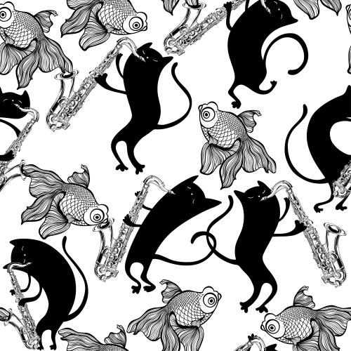 Vector image cartoon cats with saxophones and fish on white
