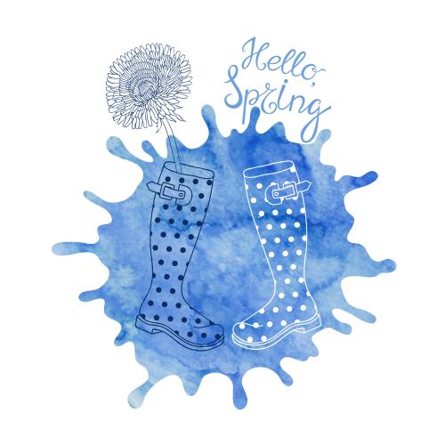 Dandelion. Vector rubber boots dandelion blue watercolor splatter and hello spring inscription on white