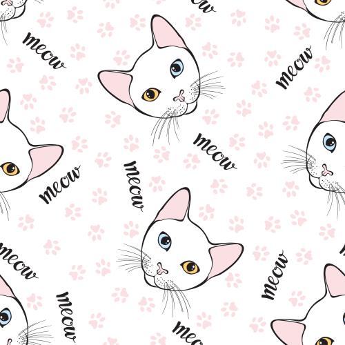 Cao mani. Vector cute kao-mani kitten faces, paw prints and 'meow' inscriptions on white