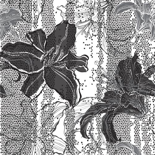Mosaic. Vector contours and silhouettes of lilies on a mosaic