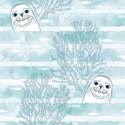 Seal. Vector cute seals fish seaweed on blue watercolor striped